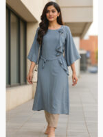 WTOP-YAWEN-01-AG-XL-02-F Women's Georgette Flared Kurti, Ash Grey