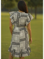 WTOP-YELLOW-01-WH-L-01-B Women's Crepe Ruffle A-Line Dress - Black White