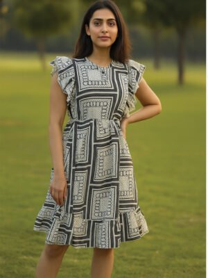 Women's Crepe Ruffle A-Line Dress - Black White