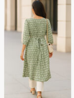 WTOP-YELLOW-03-GR-L-01-B Women's Crepe A-Line Kurti, Green Printed