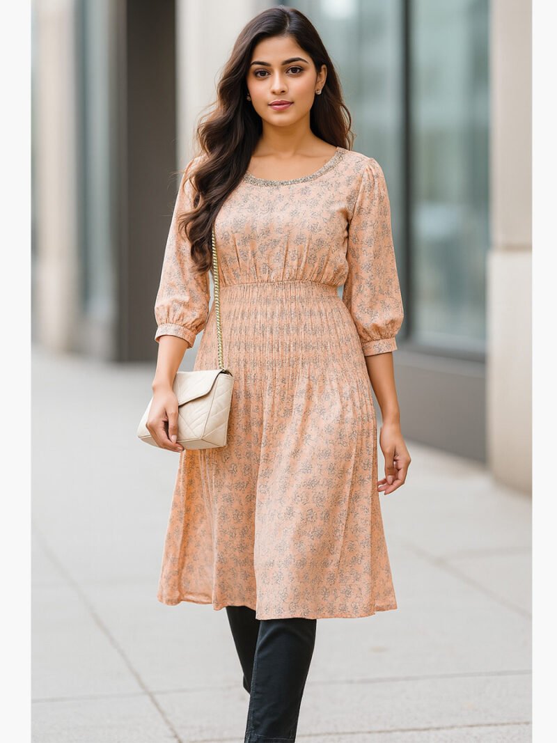 WTOP-YELLOW-04-PC-XXL-01-F Women's Polyester Fit & Flare Kurti, Peach Print