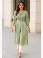 WTOP-YELLOW-03-GR-L-01-F Women's Crepe A-Line Kurti, Green Printed