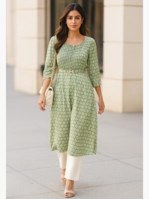 Women's Crepe A-Line Kurti, Green Printed