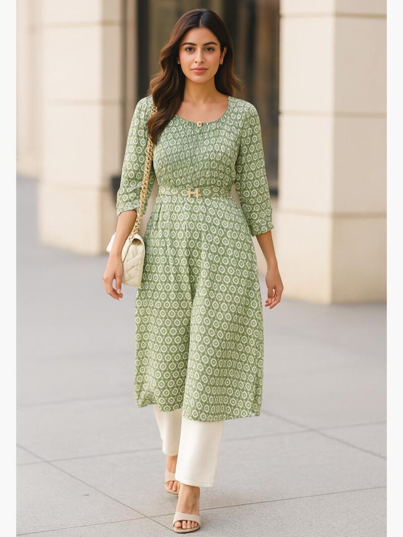 WTOP-YELLOW-03-GR-L-01-F Women's Crepe A-Line Kurti, Green Printed