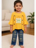 Women's Cotton Yellow Top & Denim Pants Set
