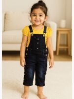 Women's Cotton Yellow Top & Black Denim Dungaree Set
