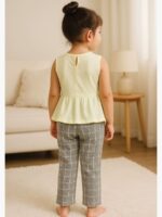 KG-ZAMZAM-01-MG-GY-3-4Y-01-T-B Women's Cotton Yellow Top & Grey Checkered Pant Set
