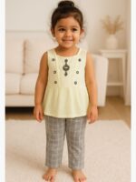 KG-ZAMZAM-01-MG-GY-3-4Y-01-T-F Women's Cotton Yellow Top & Grey Checkered Pant Set