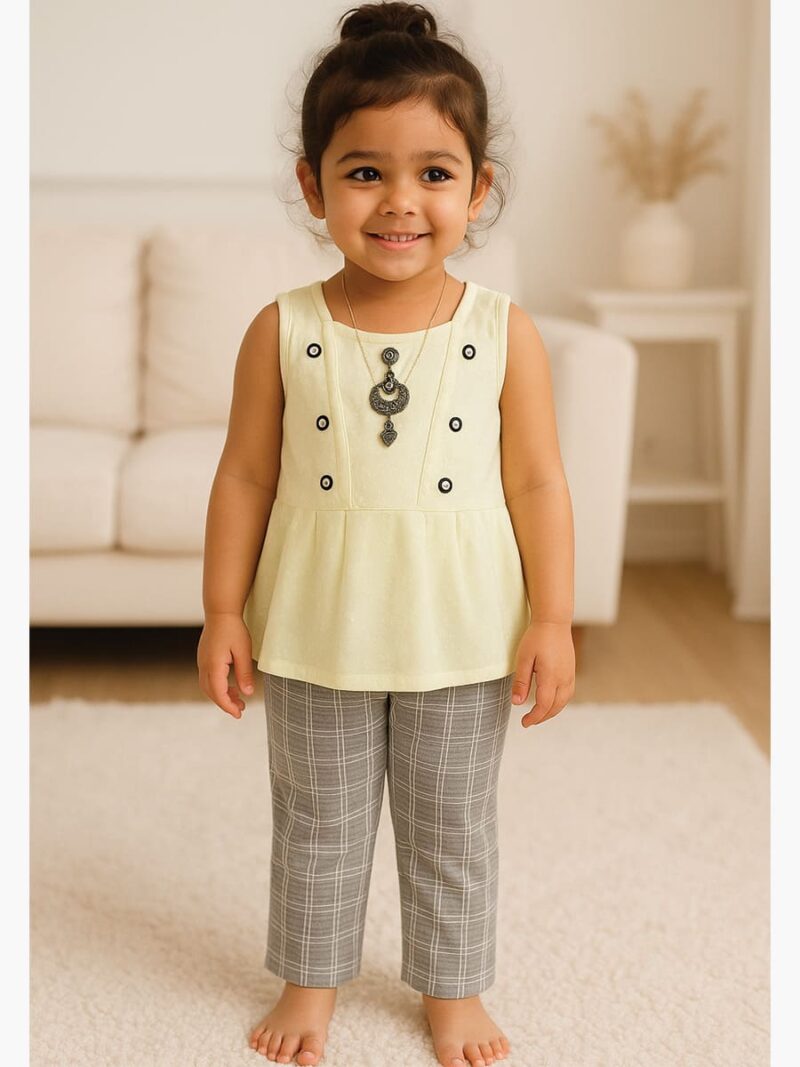KG-ZAMZAM-01-MG-GY-3-4Y-01-T-F Women's Cotton Yellow Top & Grey Checkered Pant Set