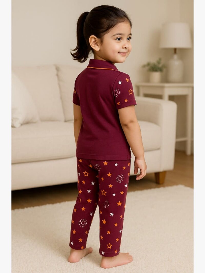 Girls' Cotton Night Suit Set – Burgundy Star Print