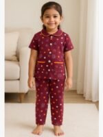KNS-LITTLE GIRLS-01-BU-1-2Y-09-T-F Girls' Cotton Night Suit Set – Burgundy Star Print