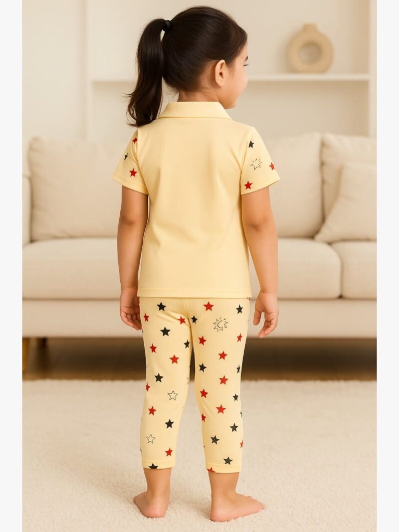 Girls' Cotton Night Suit Set – Cream Star Print