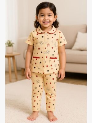 Girls' Cotton Night Suit Set – Cream Star Print