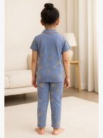 Girls' Cotton Night Suit Set – Gray Star Print