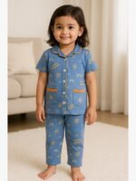 Girls' Cotton Night Suit Set – Gray Star Print