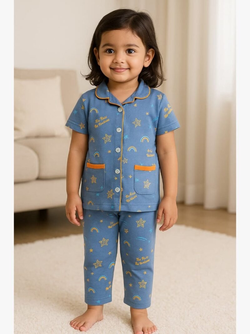 Girls' Cotton Night Suit Set – Gray Star Print