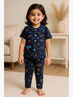 Girls' Cotton Night Suit Set – Navy Blue Star Print
