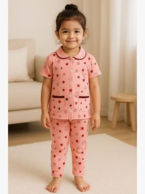 Girls' Cotton Night Suit Set – Peach Blue Star Print