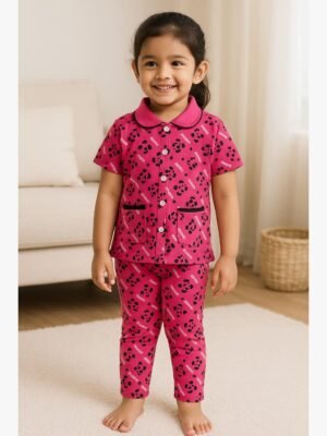 Girls' Cotton Night Suit Set – Pink Star Print