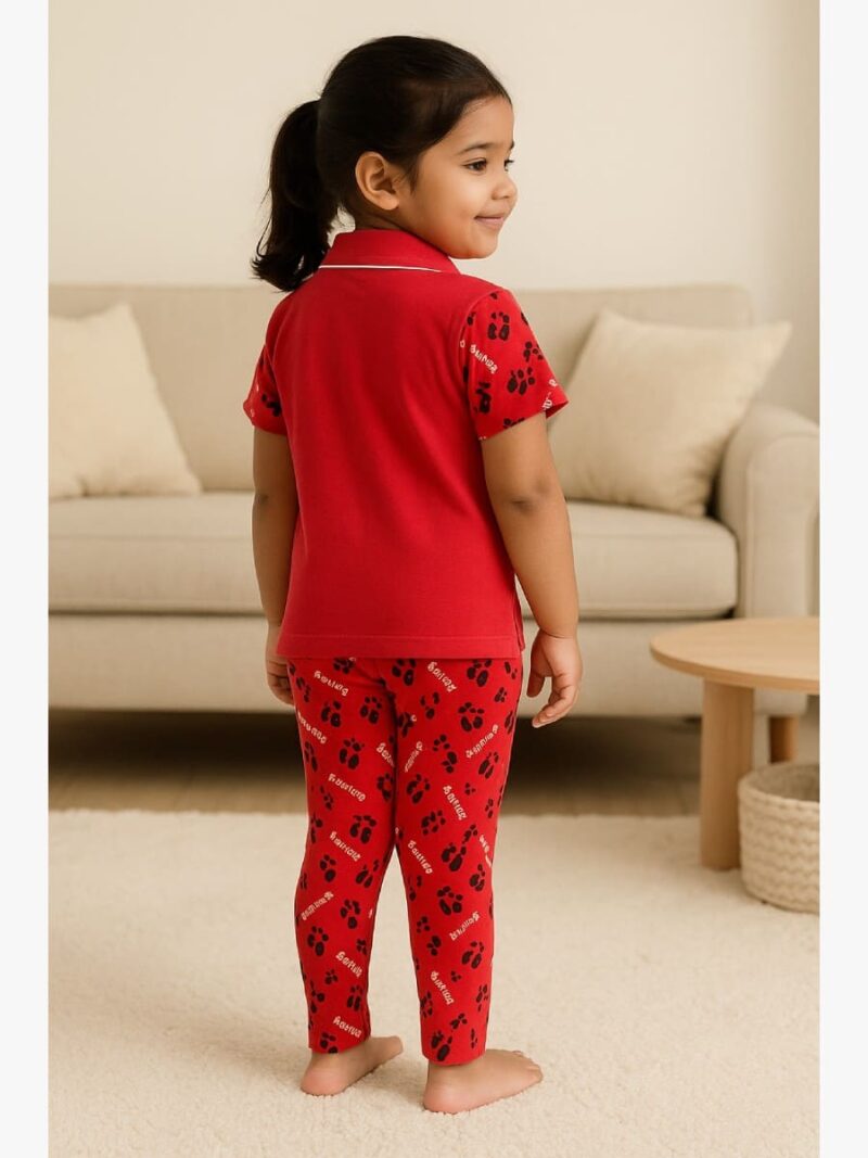 Girls' Cotton Night Suit Set – Red Star Print