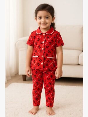 Girls' Cotton Night Suit Set – Red Star Print