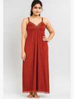 WBS-SABBNA-01-BO-FREE SIZE-15-F Cotton Slip Nightdress, Green, Full-Length, Sleeveless -Burnt Orange
