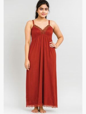 Cotton Slip Nightdress, Green, Full-Length, Sleeveless -Burnt Orange