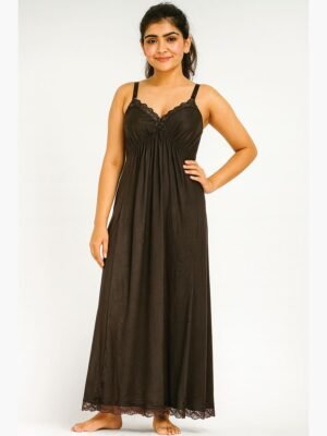 Cotton Slip Nightdress, Green, Full-Length, Sleeveless -Coffee