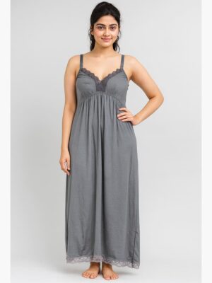 Cotton Slip Nightdress, Green, Full-Length, Sleeveless - Gray