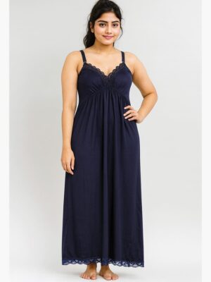 Cotton Slip Nightdress, Green, Full-Length, Sleeveless - Navy Blue
