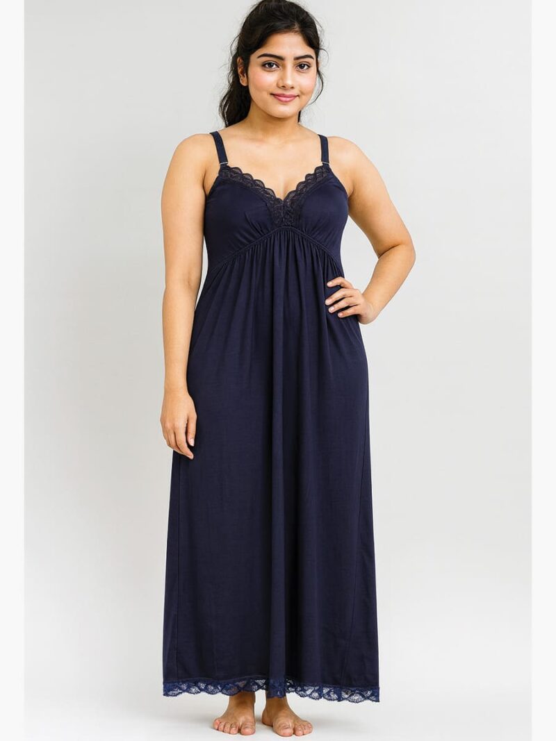 WBS-SABBNA-01-NB-FREE SIZE-02-F Cotton Slip Nightdress, Green, Full-Length, Sleeveless - Navy Blue