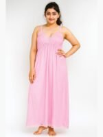 WBS-SABBNA-01-PK-FREE SIZE-03-F Cotton Slip Nightdress, Green, Full-Length, Sleeveless - Pink