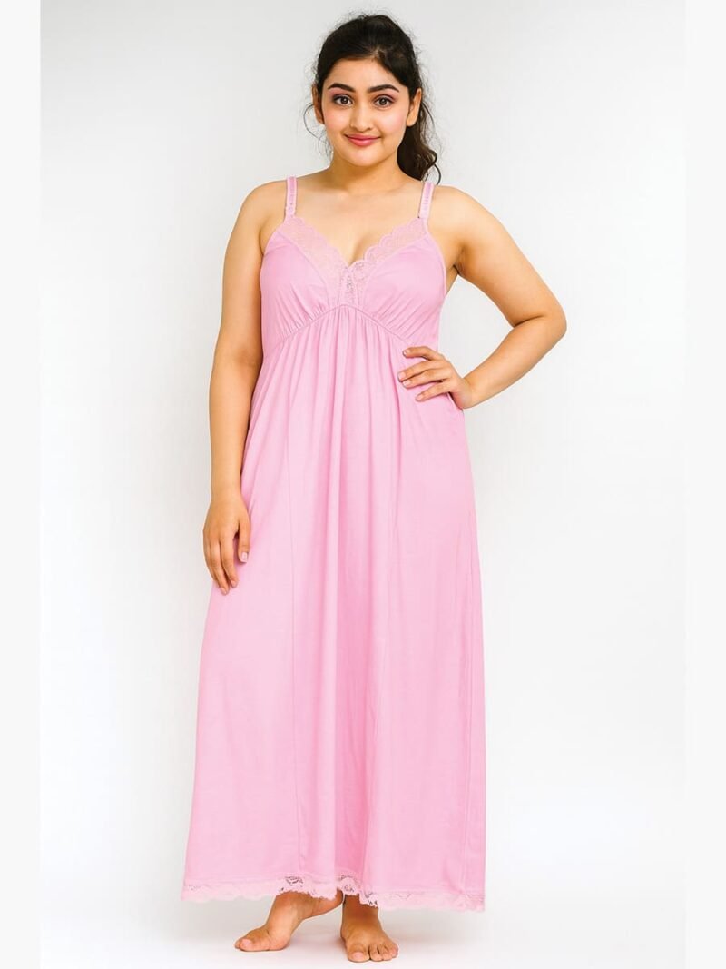 WBS-SABBNA-01-PK-FREE SIZE-03-F Cotton Slip Nightdress, Green, Full-Length, Sleeveless - Pink