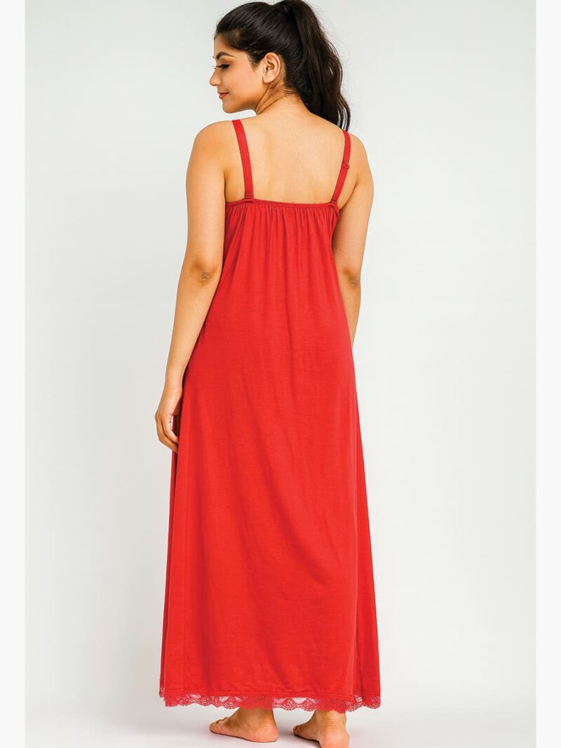 Cotton Slip Nightdress, Green, Full-Length, Sleeveless - Red