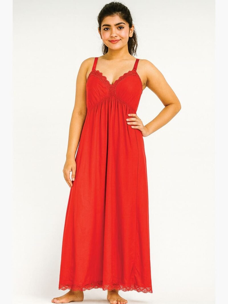 WBS-SABBNA-01-RD-FREE SIZE-09-F Cotton Slip Nightdress, Green, Full-Length, Sleeveless - Red