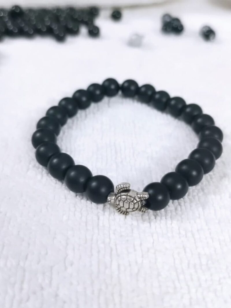 Women’s Matte Black Beaded Bracelet – Turtle Charm