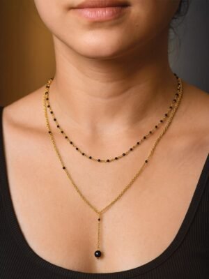 Women's Gold Double Layered Black Crystal Chain Necklace