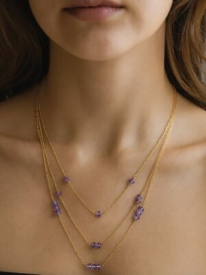 Women's Rose Gold Triple-Layer Necklace with Purple Crystals
