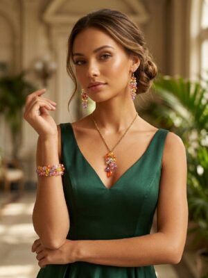Women's Gold Multi-colored Crystal Jewellery Set