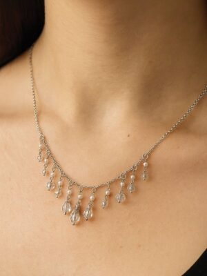 Women's Silver Crystal & Pearl Dangle Necklace