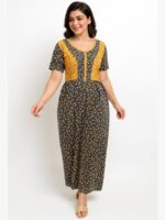 Women's Cotton Printed Maxi Nighty - Mustard Yellow