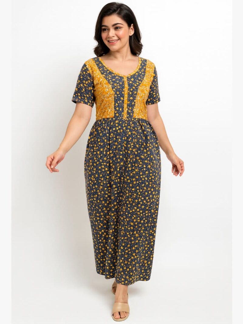 Women's Cotton Printed Maxi Nighty - Mustard Yellow