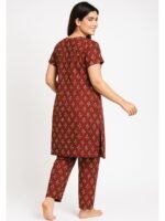 Women's Cotton Night Suit Set - Maroon Floral Print