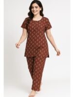 Women's Cotton Night Suit Set - Maroon Floral Print