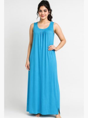 Women's Full-Length Cotton Slip Nightdress – Blue