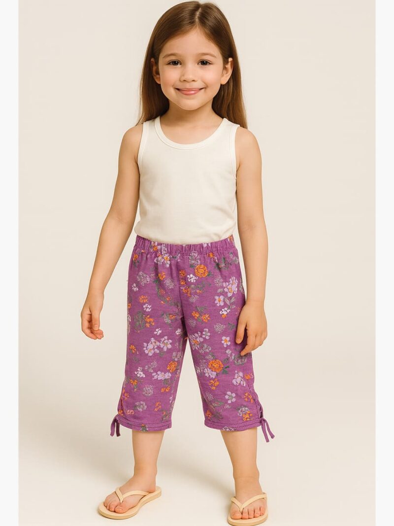 GIRLS Cotton Printed Capri Pants - Gray & Fuchsia