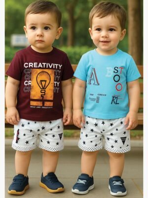Boy Baby Cotton T-Shirt Combo – Maroon & Sky Blue
