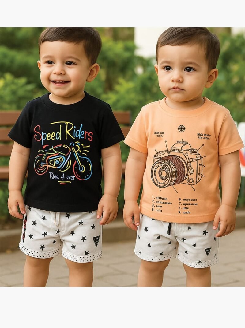 Boy Baby Cotton T-Shirt Combo - Peach & Black