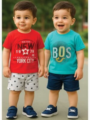 Boy Baby Cotton T-Shirt Combo - Red & Turquoise