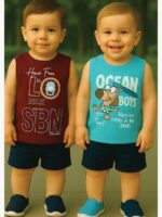 Boy Baby Cotton Sleeveless T-Shirt Combo - Maroon & Turquoise